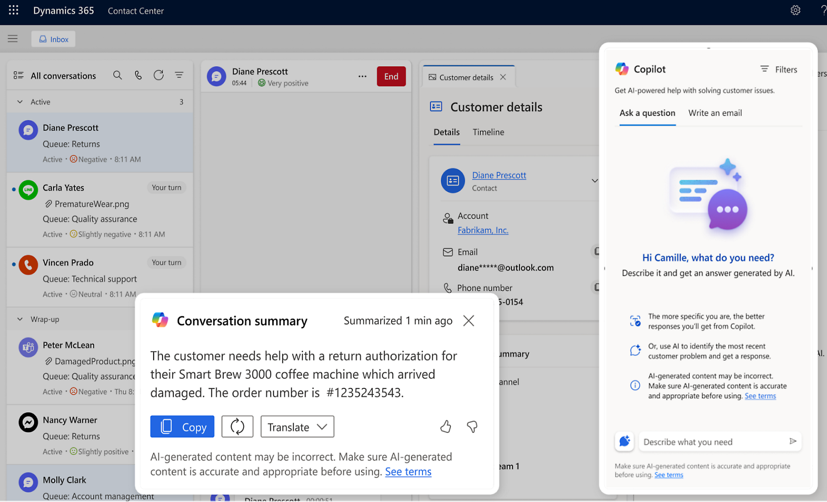 A screenshot of Microsoft Dynamics 365 displaying a customer service case involving a return authorization