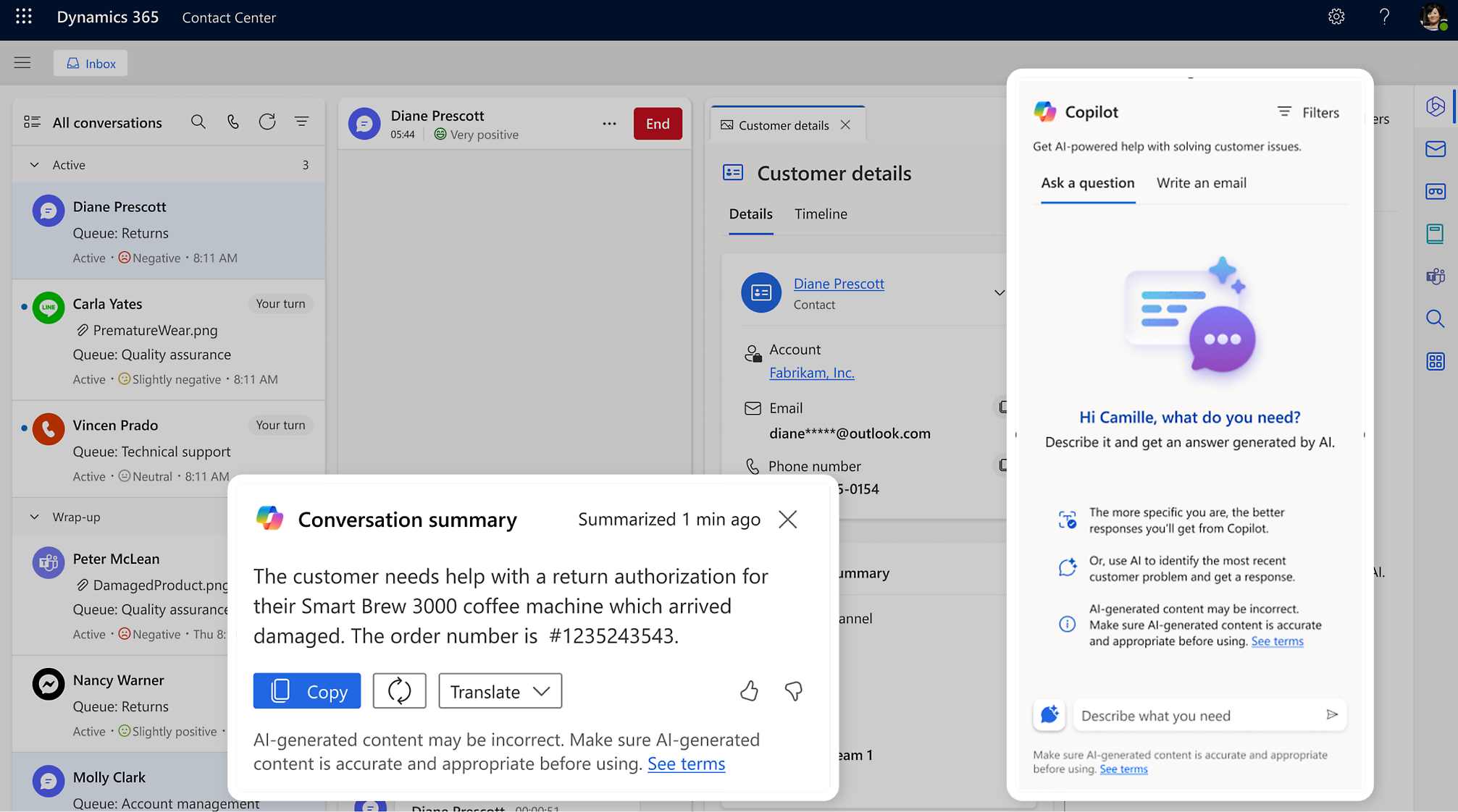 لوحة معلومات خدمة عملاء مع ملخص محادثة. نافذة دردشة لذكاء Copilot الاصطناعي مفتوحة على الجانب الأيسر من الشاشة.
