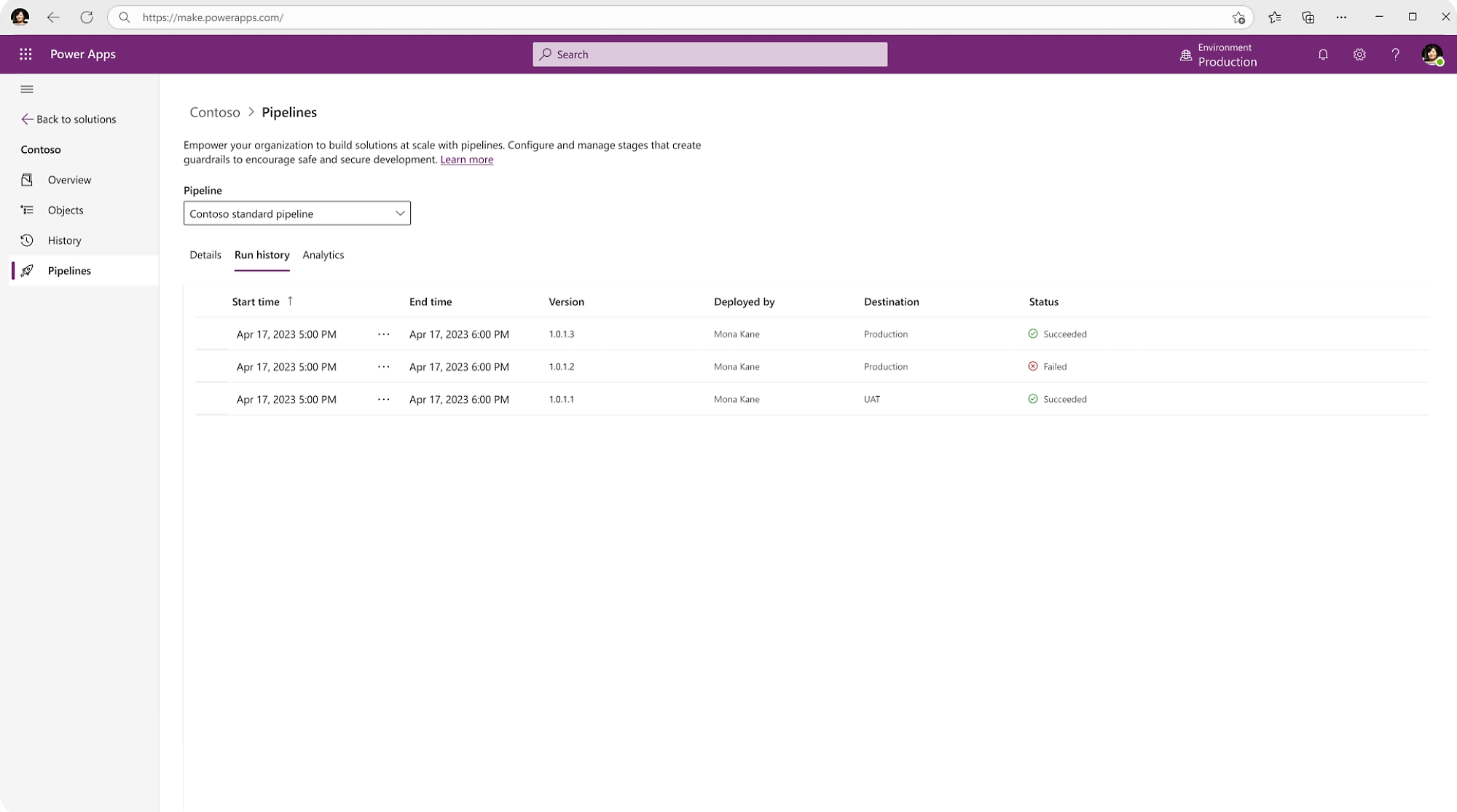 Microsoft Power Apps showing dashboard for pipelines.