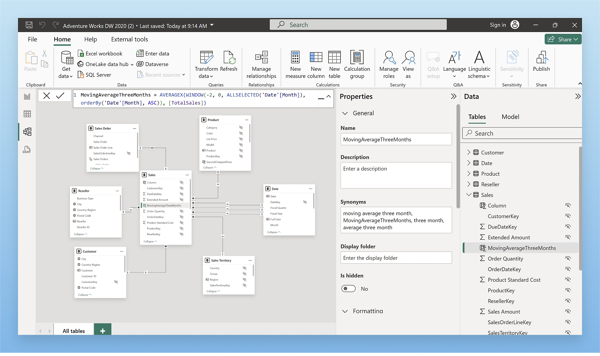 Screenshot: Datenmodellschnittstelle in Power BI Desktop Mehrere Tabellen sind durch Beziehungen verbunden.