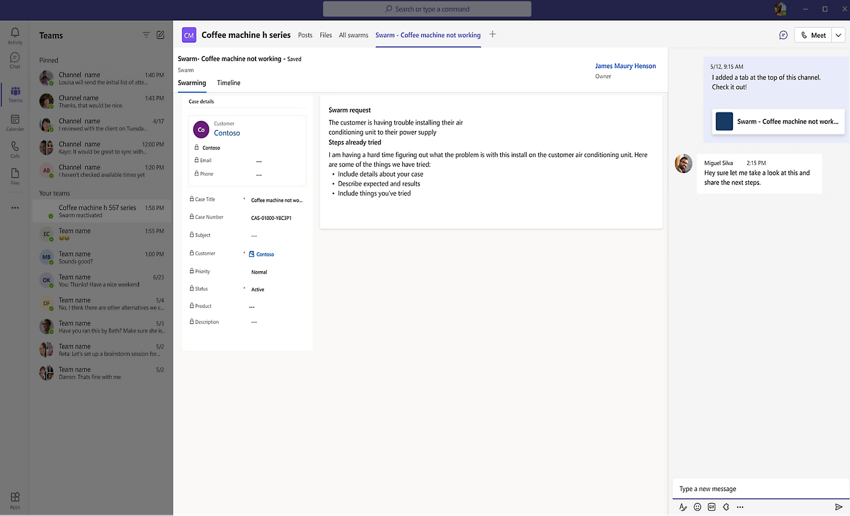 Recorte de pantalla de un chat de Microsoft Teams denominado "Cafeteras en servicio" que muestra una solicitud de ayuda