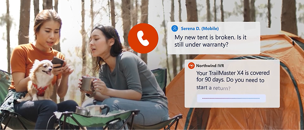 Two women sitting in a campsite with tents and a small dog. On-screen text shows a message about a broken