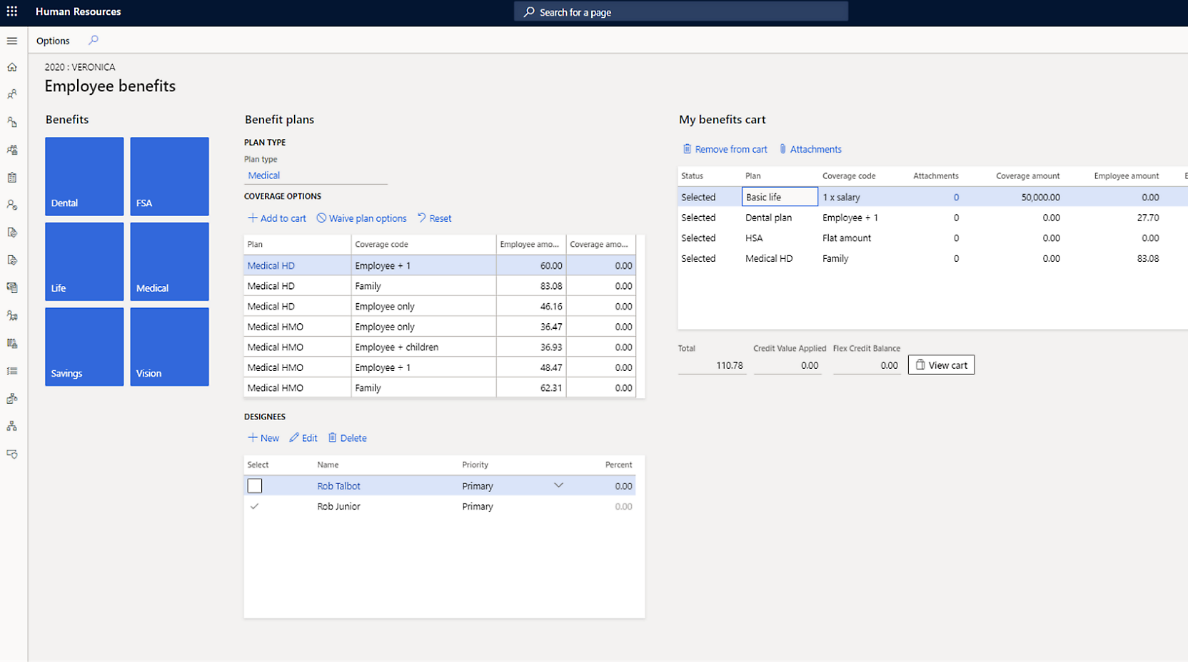 Screenshot of an employee benefits selection interface showing healthcare plans, coverage options, dependents