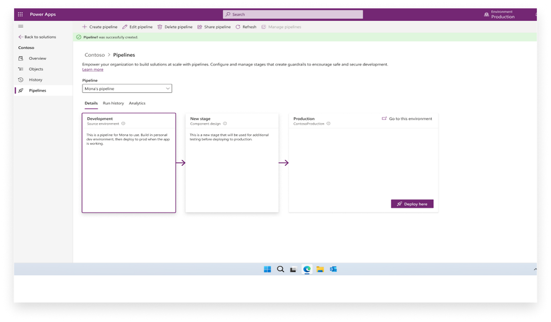 Power Apps: Contoso-Pipeline erstellen, Detailentwicklung, Produktion in neuer Phase.