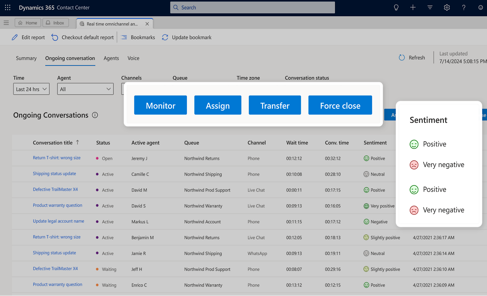 Screenshot of Dynamics 365 Contact Center showing ongoing conversations with a panel of actions 