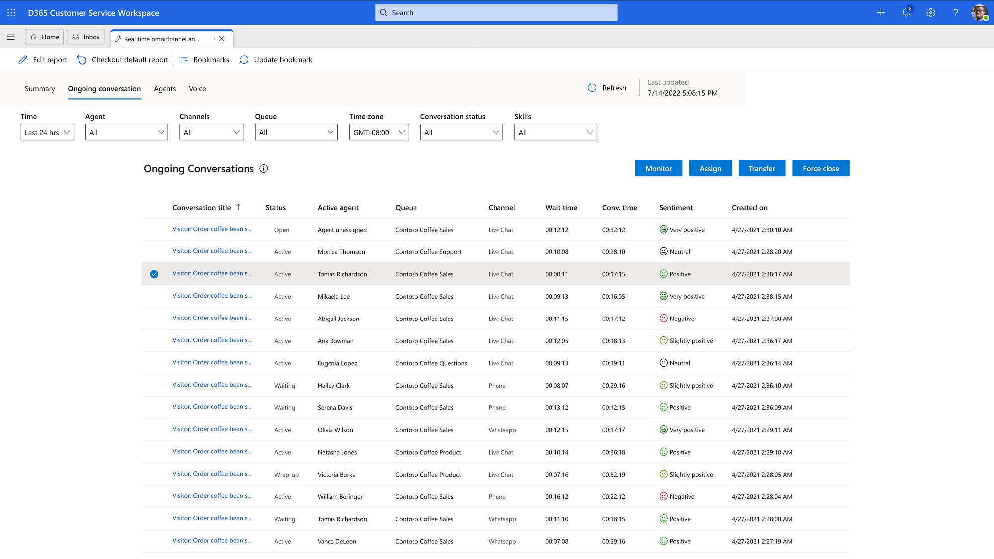 Une fenêtre affichant les conversations avec différents utilisateurs sous forme de tableau et des options pour les filtrer.