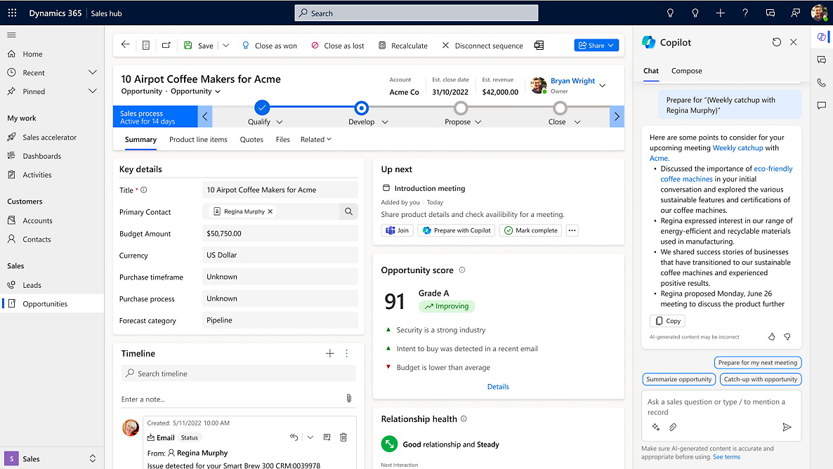 Uma captura de tela do painel do Hub do Dynamics 365 Sales.