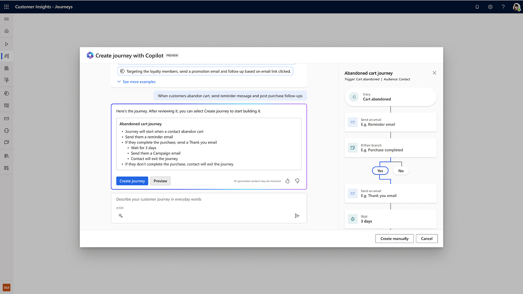 Screenshot of the 'Create journey with copilot preview' and 'Abandoned cart journey' section besides