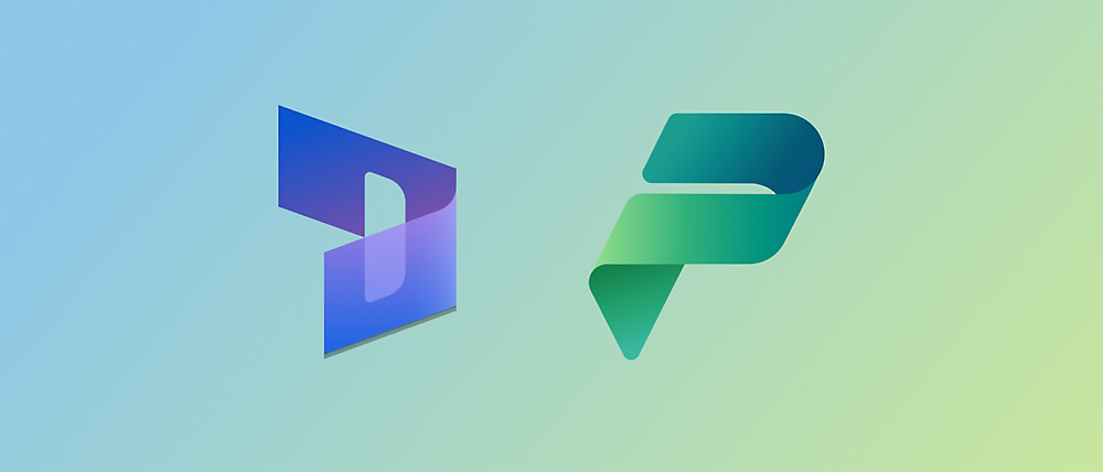 Two colored logos on a gradient background: one with a purple-blue "D" shape on the left, 