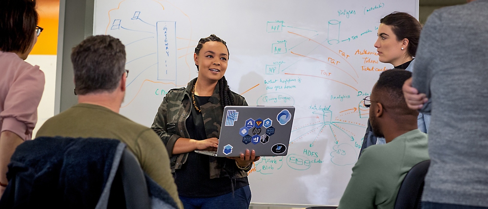 Eine Frau präsentiert eine Geschäftsstrategie auf einem Klemmbrett während einer Besprechung mit Kollegen vor einem Whiteboard.
