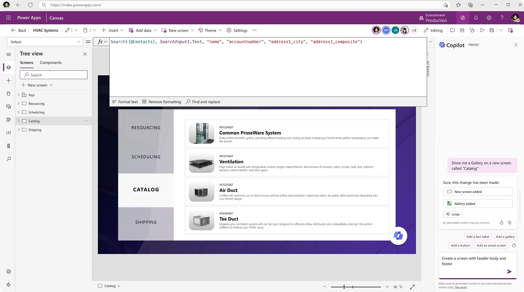 Screenshot of a software interface with menu on the left side and a central panel displaying info about a ventilation system