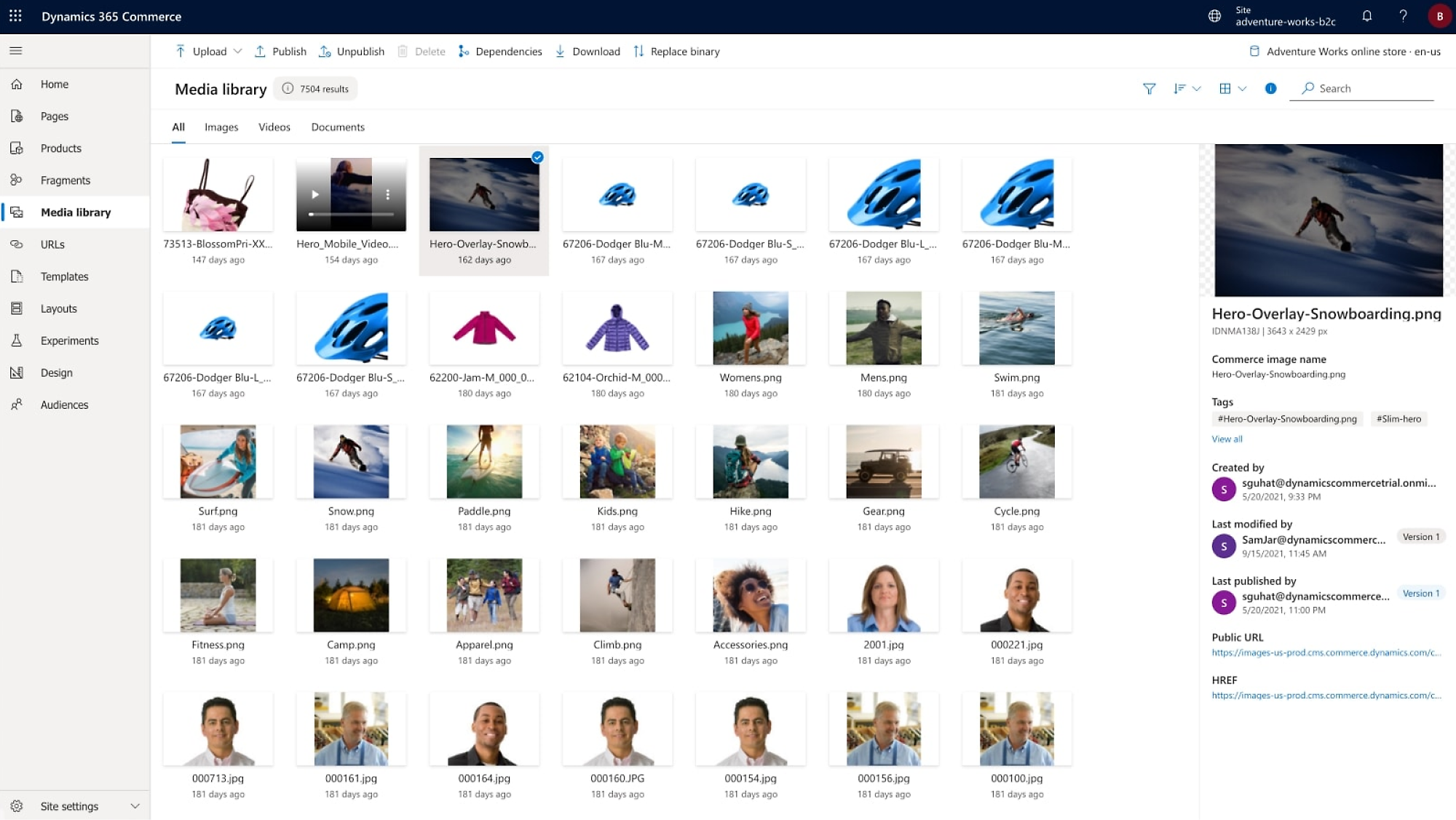 Снимок экрана: интерфейс Dynamics 365 Commerce с различными возможностями и мультимедиа-файлами.