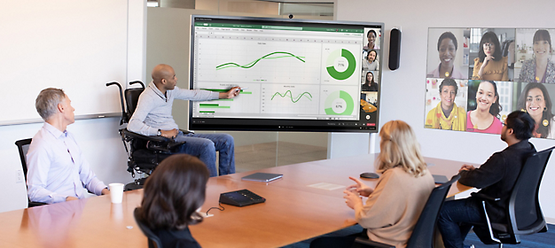 A team in a conference room engaging in a video call with remote colleagues