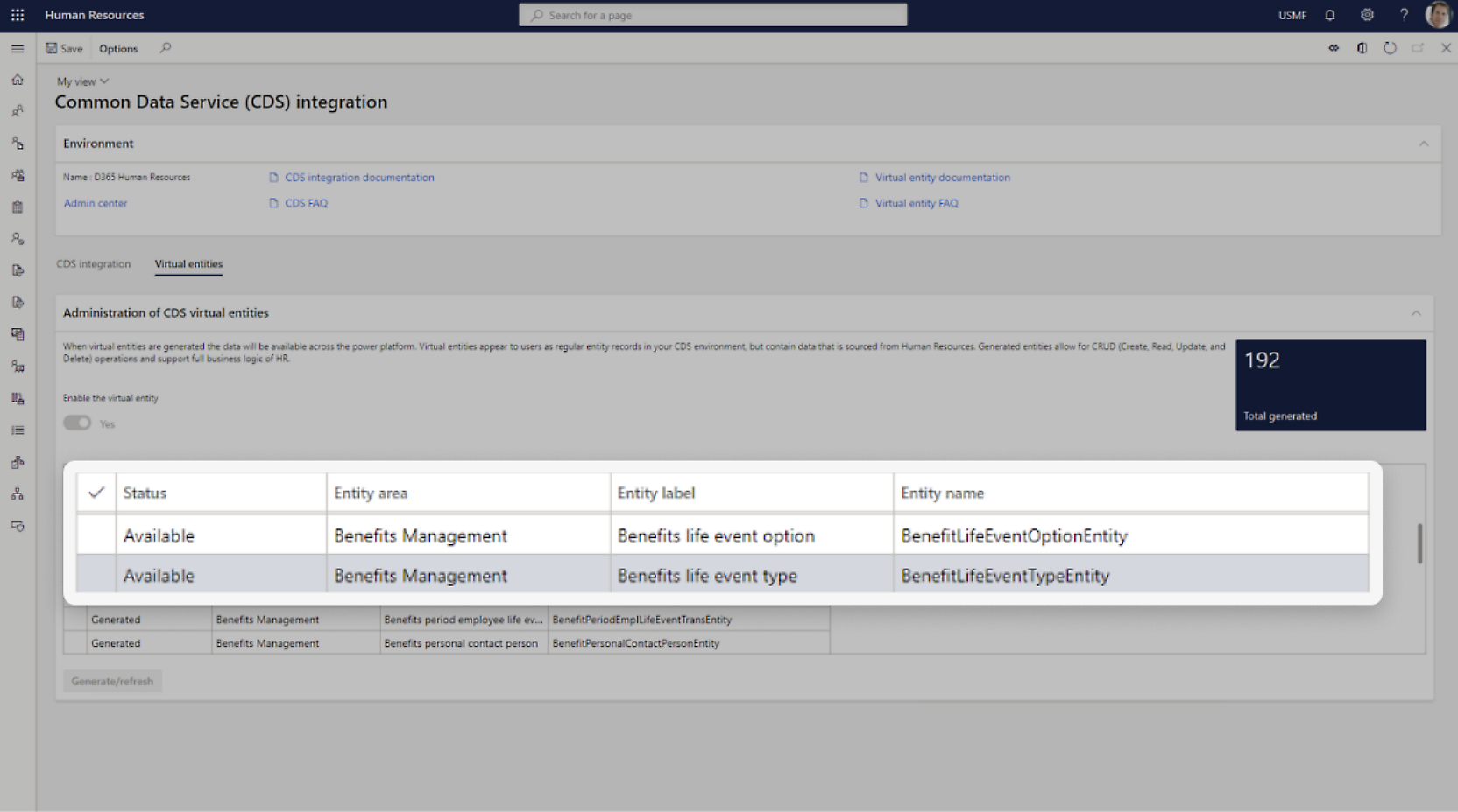 Human Resources: Common Data Service integration options and status of generated virtual entities