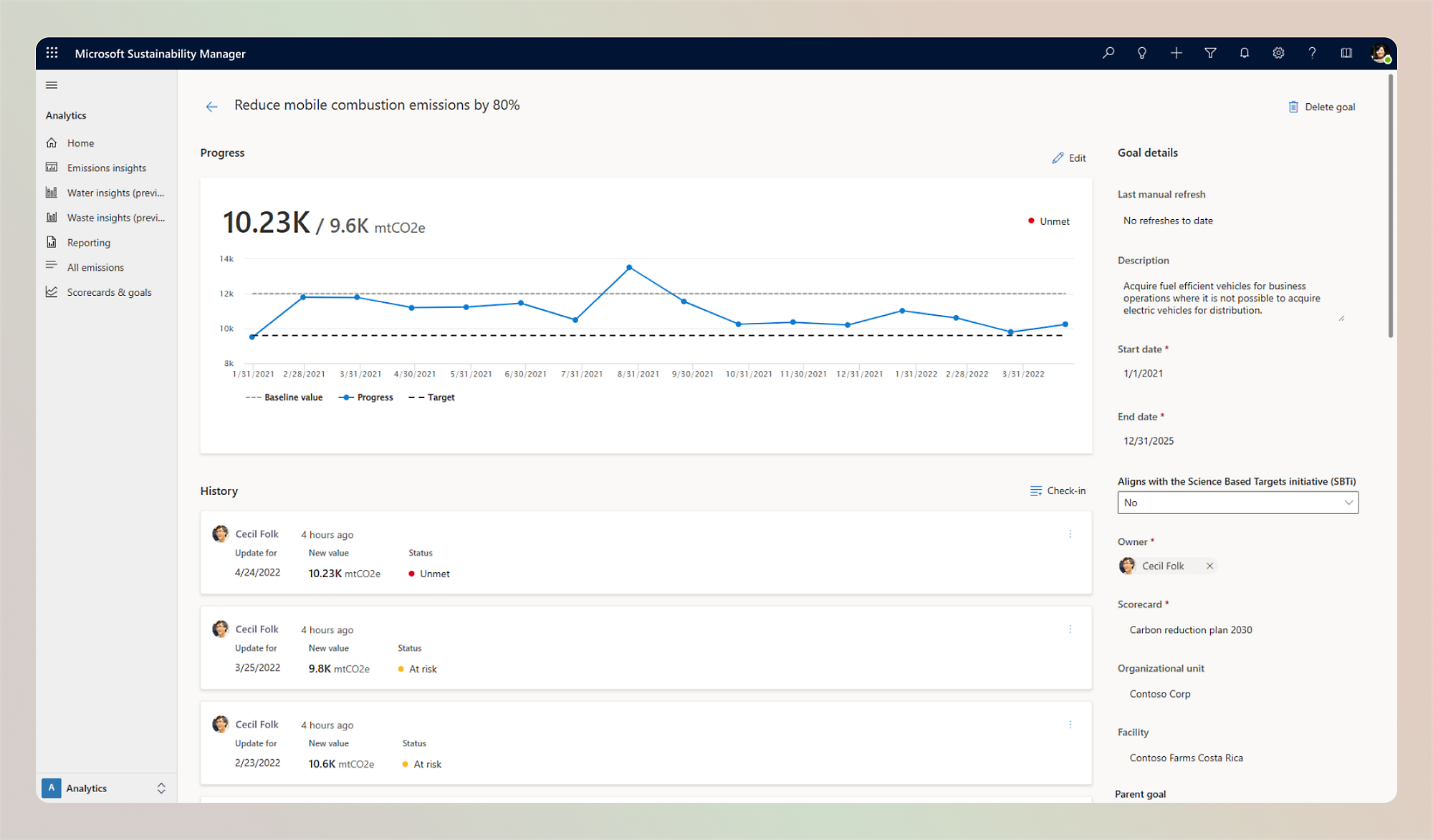 อินเทอร์เฟซ Microsoft Sustainability Manager สกรีนช็อตแสดงรายงานการปล่อยมลพิษจากการเผาไหม้บนมือถือ