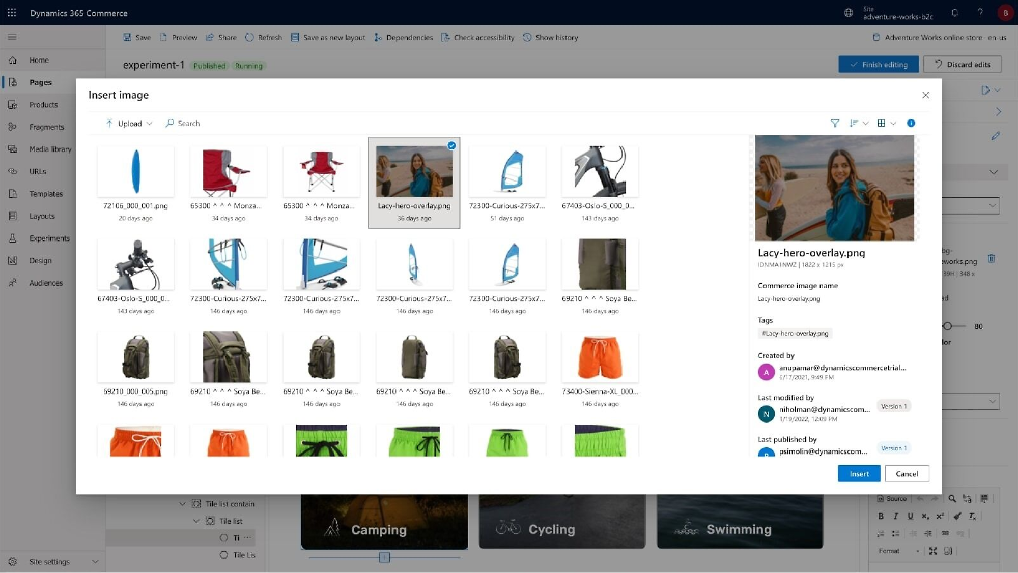 A Dynamics 365 Commerce különböző lehetőségeit és beállításait megjelenítő felület.