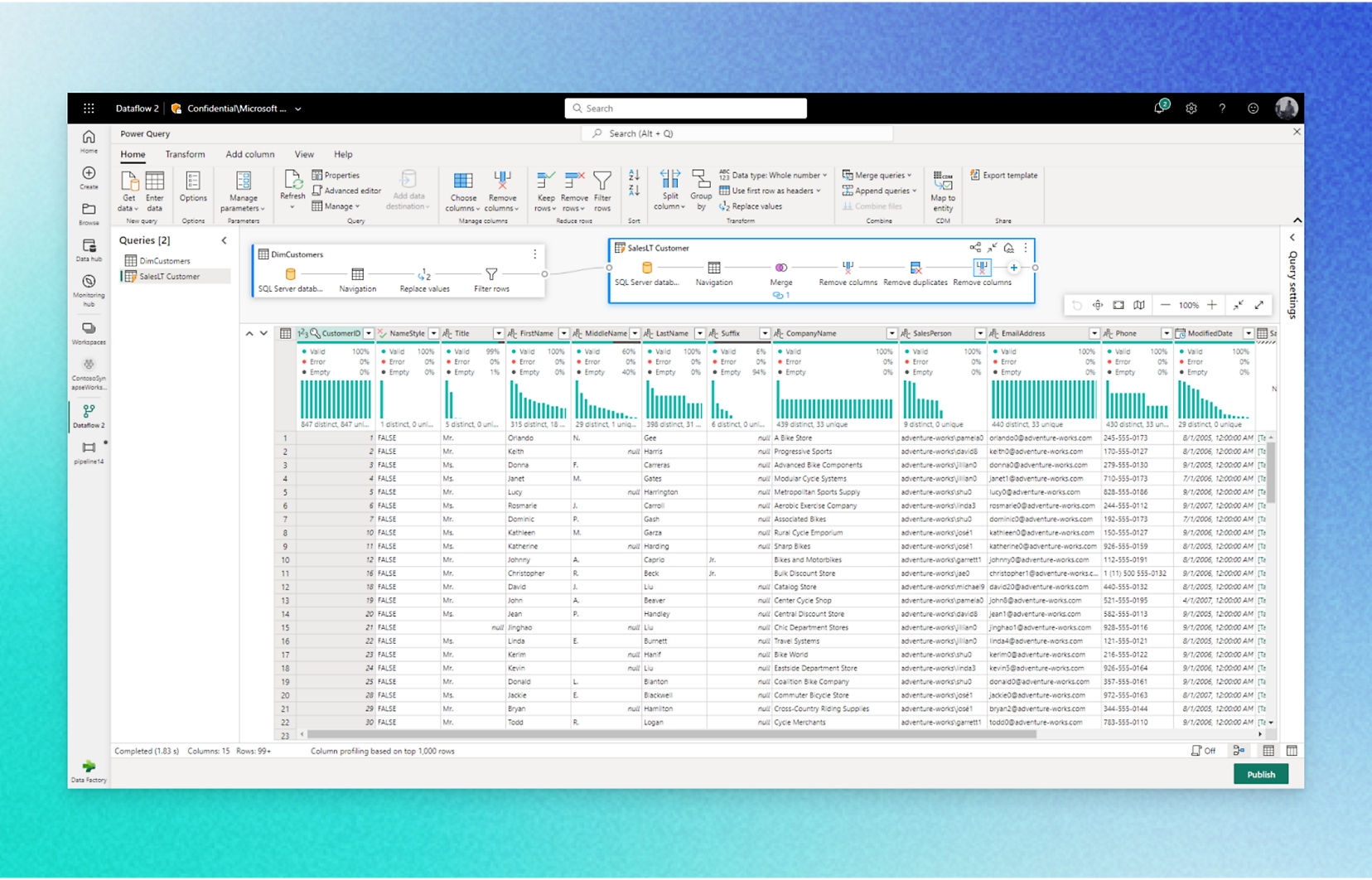 Dataflow 2-brugergrænseflade med forespørgselsværktøjer, indstillinger for datatransformation og funktioner til forespørgselsadministration.