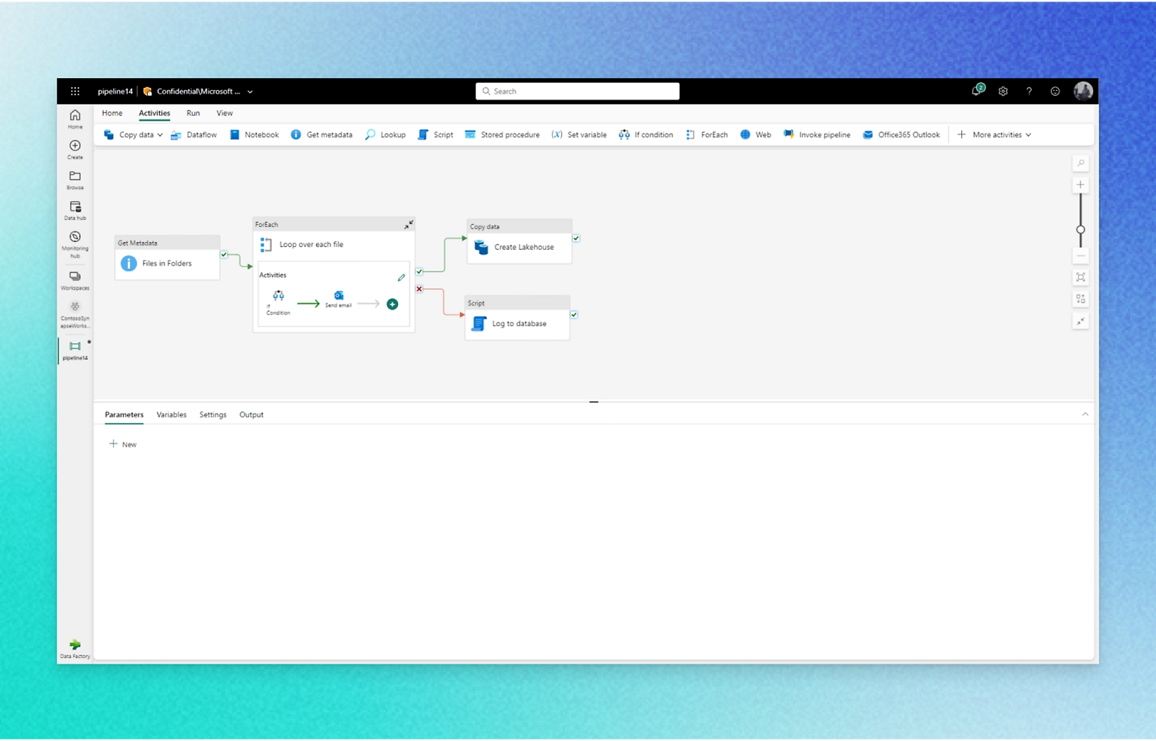  Pijplijn 14 in Microsoft - Vertrouwelijke activiteiten, inclusief gegevens kopiëren, gegevensstroom, scripts uitvoeren en meer