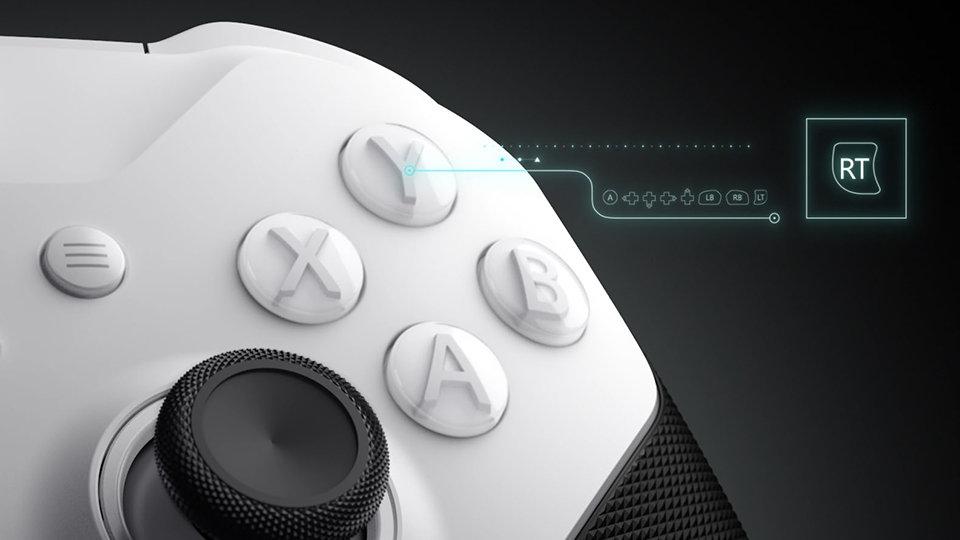 Zoomed in view of the ABXY buttons on the Xbox Elite Wireless Controller Series 2 – Core (White), illustrating the remappable buttons with the Xbox Accessories app.