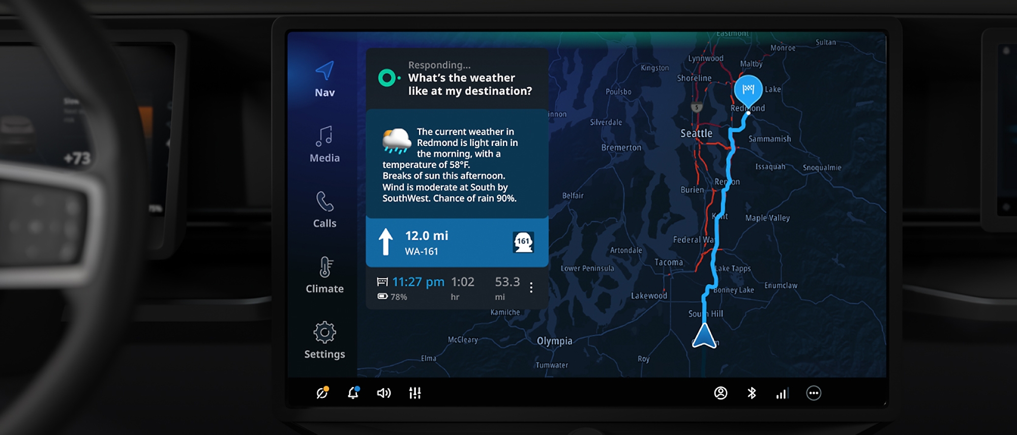 A screenshot of a map in a car