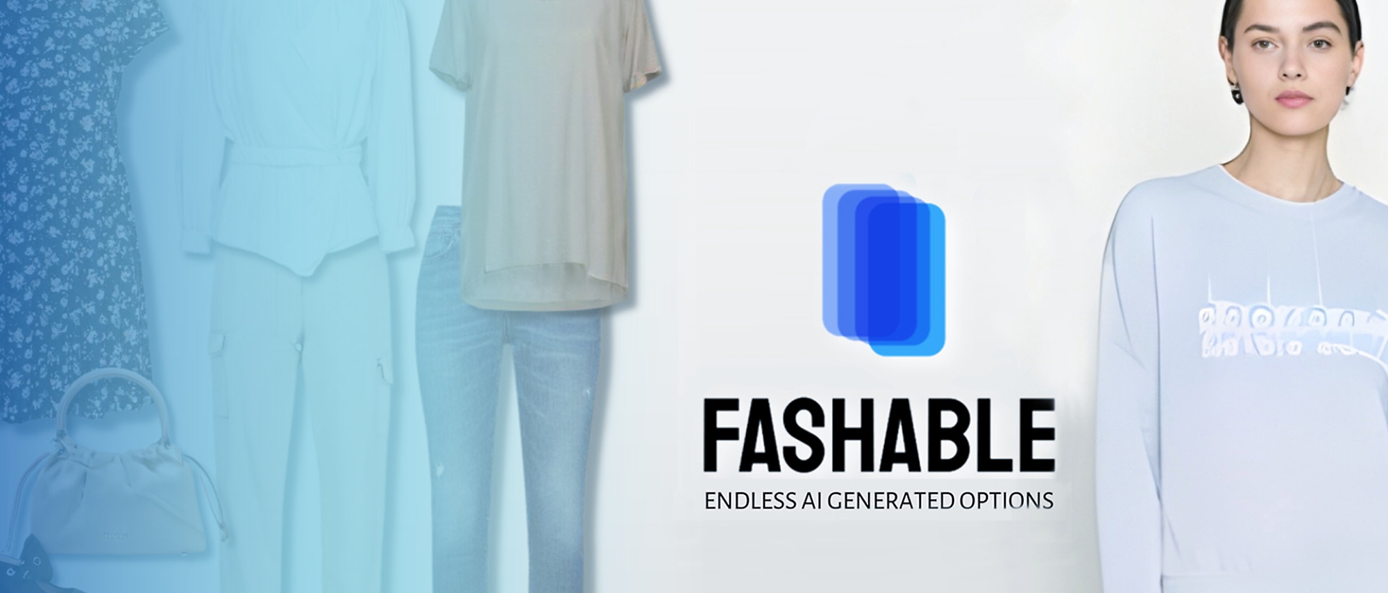 A girl in light blue cloth with logo of FASHABLE