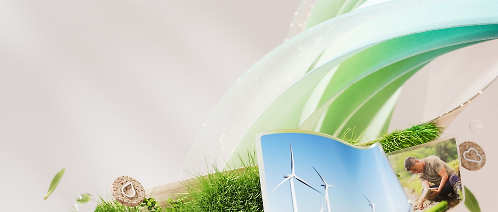 Graphic of renewable energy and sustainability concepts, featuring wind turbines, a person gardening