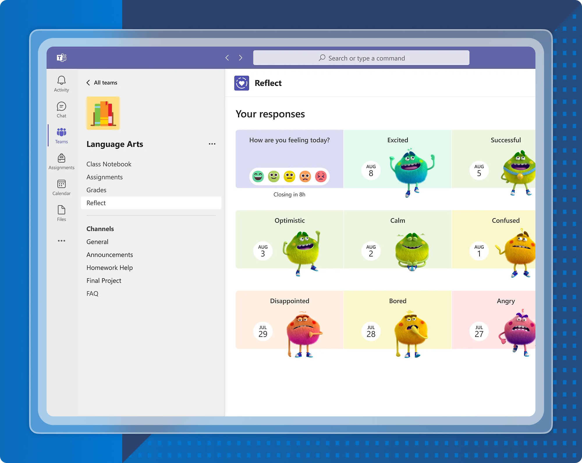 Microsoft Teams interface with channels, assignments, emotions, and various team activities listed for students.