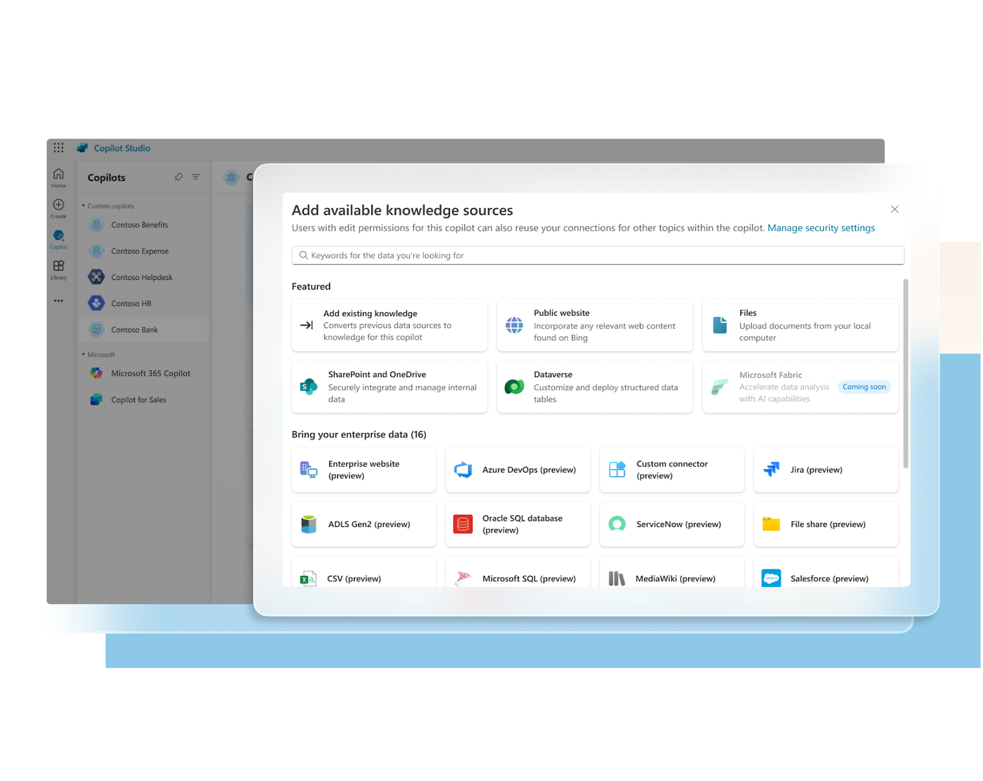 Build your own custom copilot about add available knowledge sources
