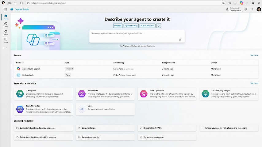 Copilot studio home page : describe your agent to create it