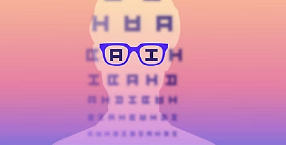 Silhouette with glasses labeled "AI" stands before a blurred vision chart against a gradient background.