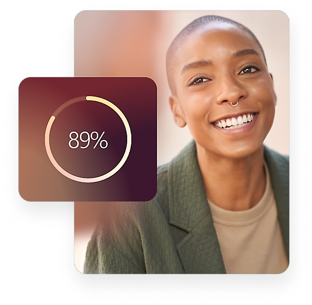 A person with a shaved head and a nose ring smiles at the camera. A graphic on the left shows a progress circle at 89%.