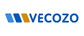 Logo for VECOZO, featuring text in blue capital letters and three slanted bars to the left: two blue and one yellow.