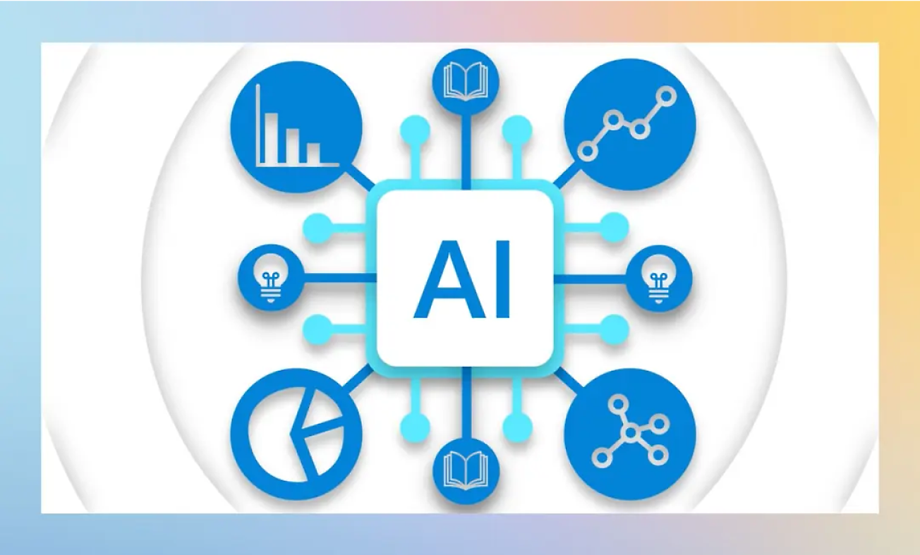 A graphic illustrating AI with a central label surrounded by icons representing data analysis, innovation.