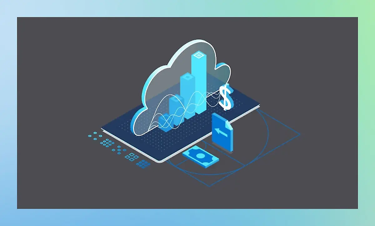 Illustration of cloud computing concepts featuring a cloud, data storage units, financial symbols.