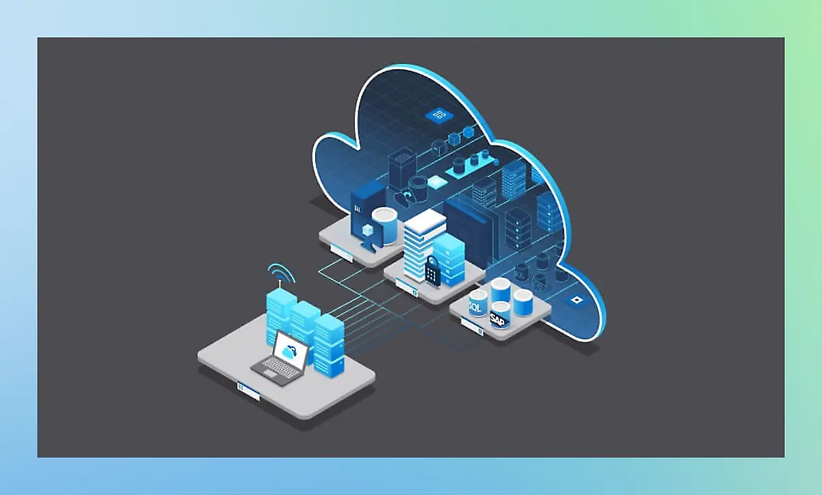 Illustration of a cloud computing concept showing data storage, servers, and networking.