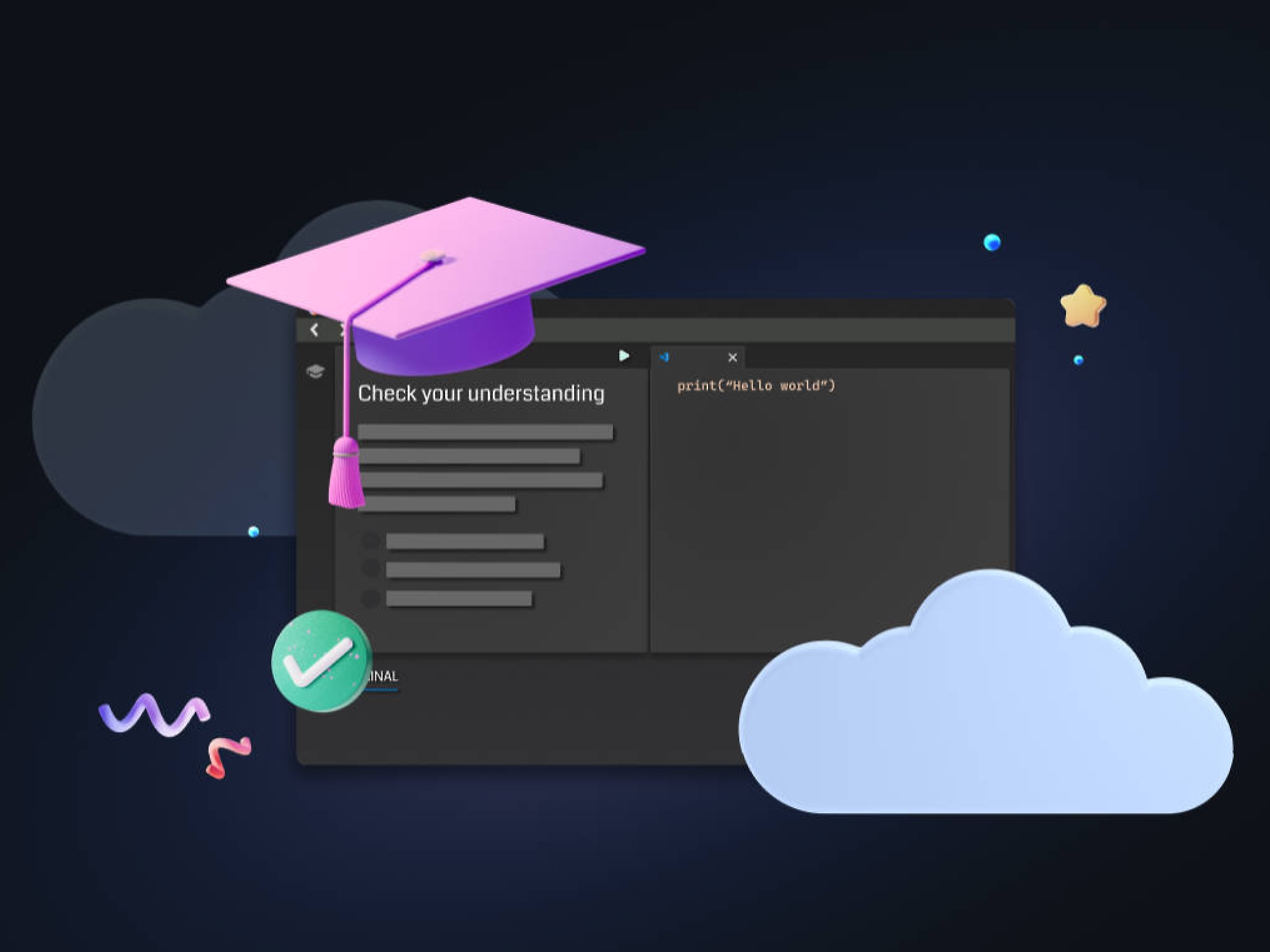 A computer screen with a graduation cap and clouds.