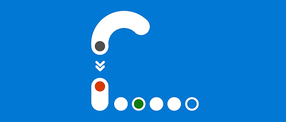 A series of minimalist graphic shapes on a blue background, including a curved white shape, a smaller gray circle