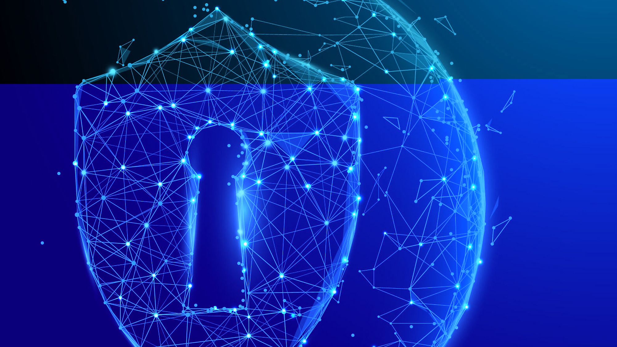 Digital illustration of a glowing blue wireframe shield with a keyhole, symbolizing cybersecurity