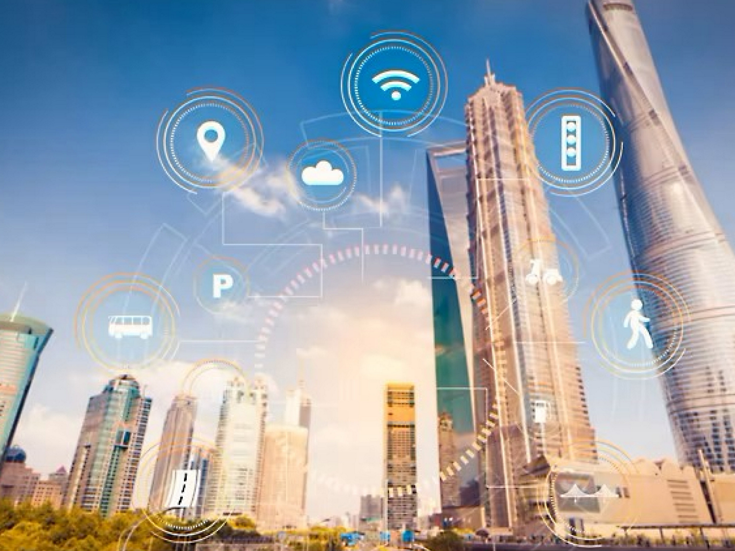 Ilustración de una ciudad inteligente con iconos digitales que representan la red Wi-Fi, la informática en la nube y otras tecnologías con rascacielos.