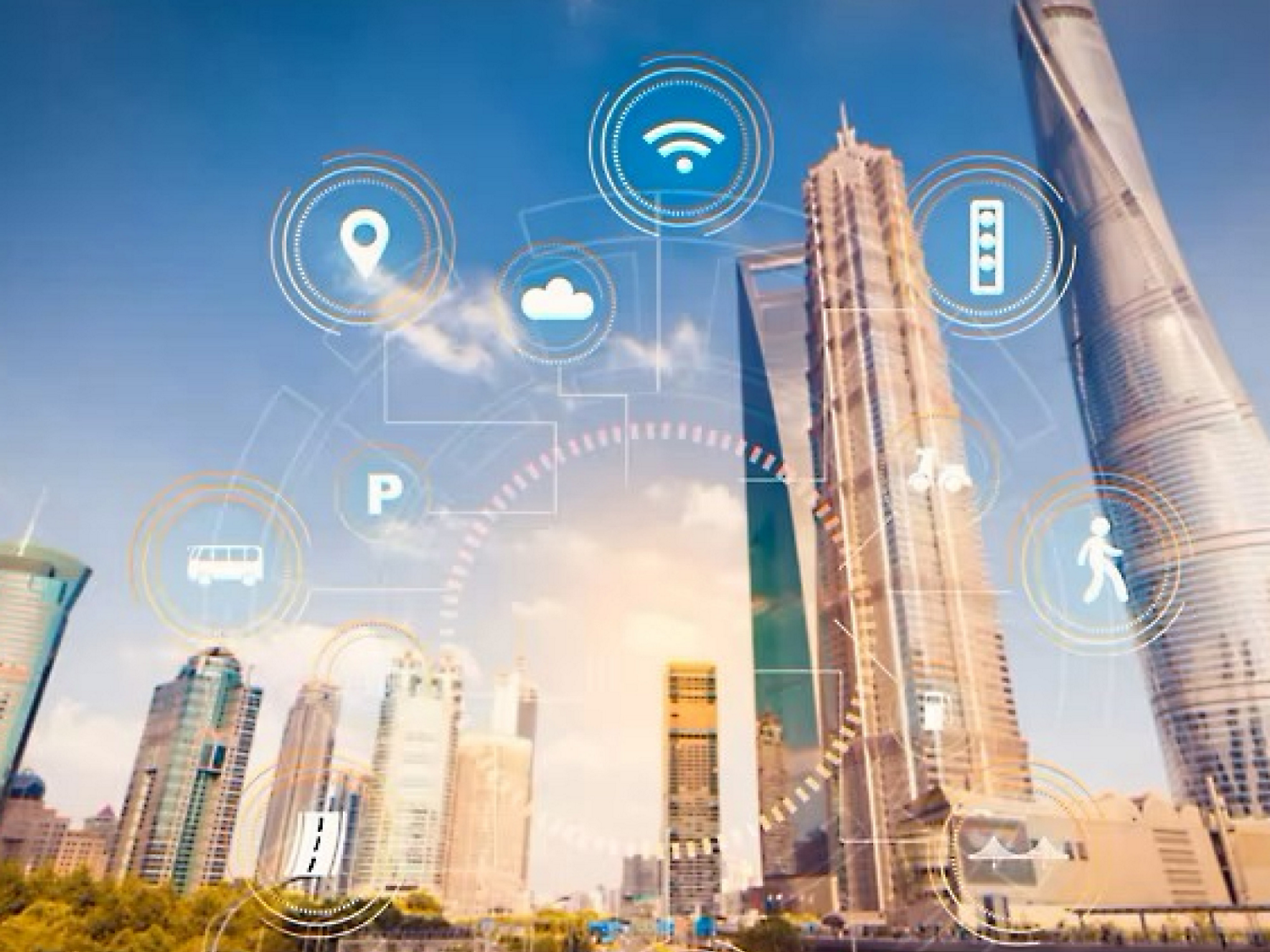 Illustration of a smart city with digital icons representing wi-fi, cloud computing, and other technologies with skyscrapers.