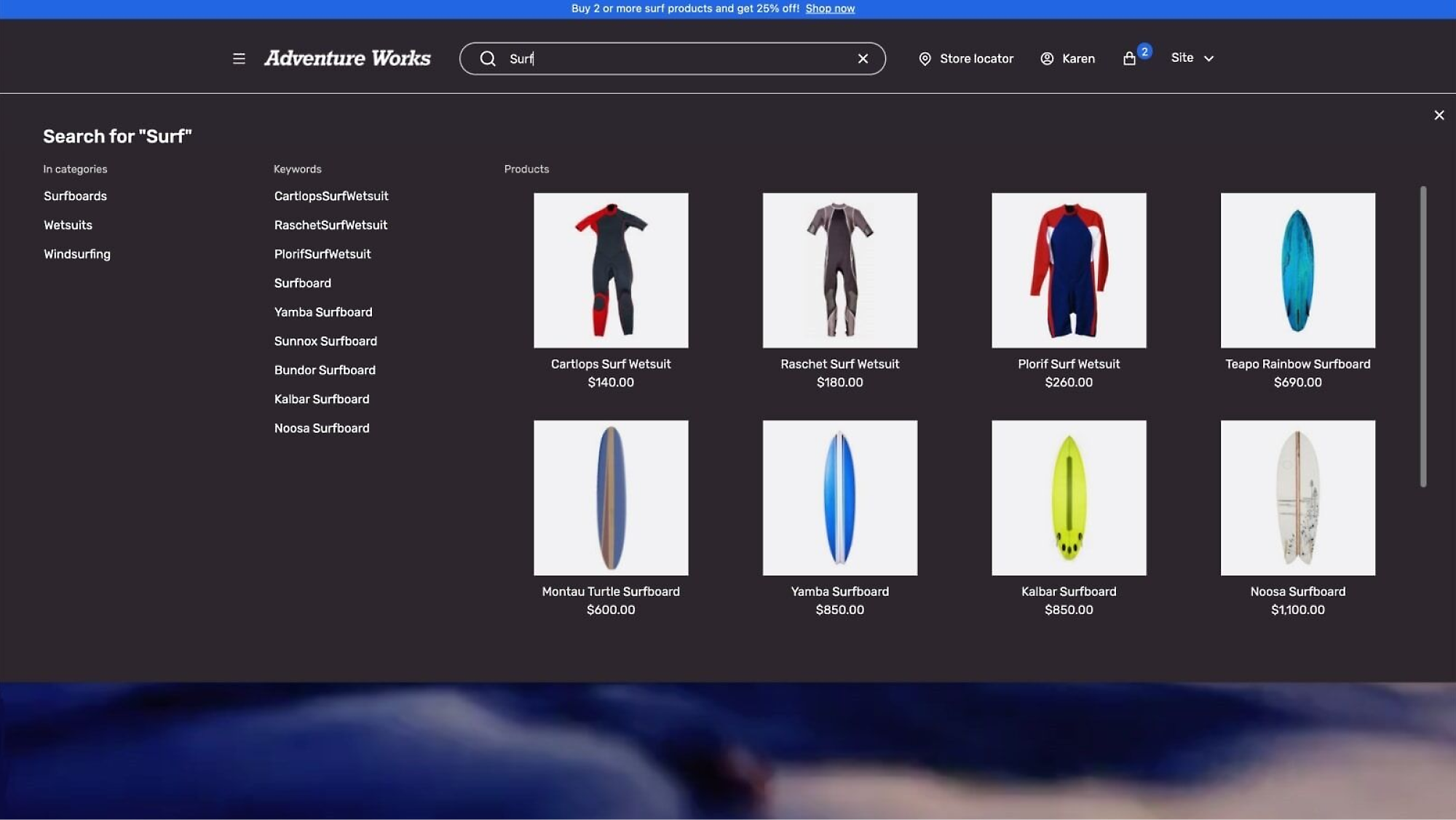 Promoção: Compre mais de 2 produtos de surfe, obtenha 25% de desconto. Os produtos incluem surfboards e wetsuits. Preços listados.