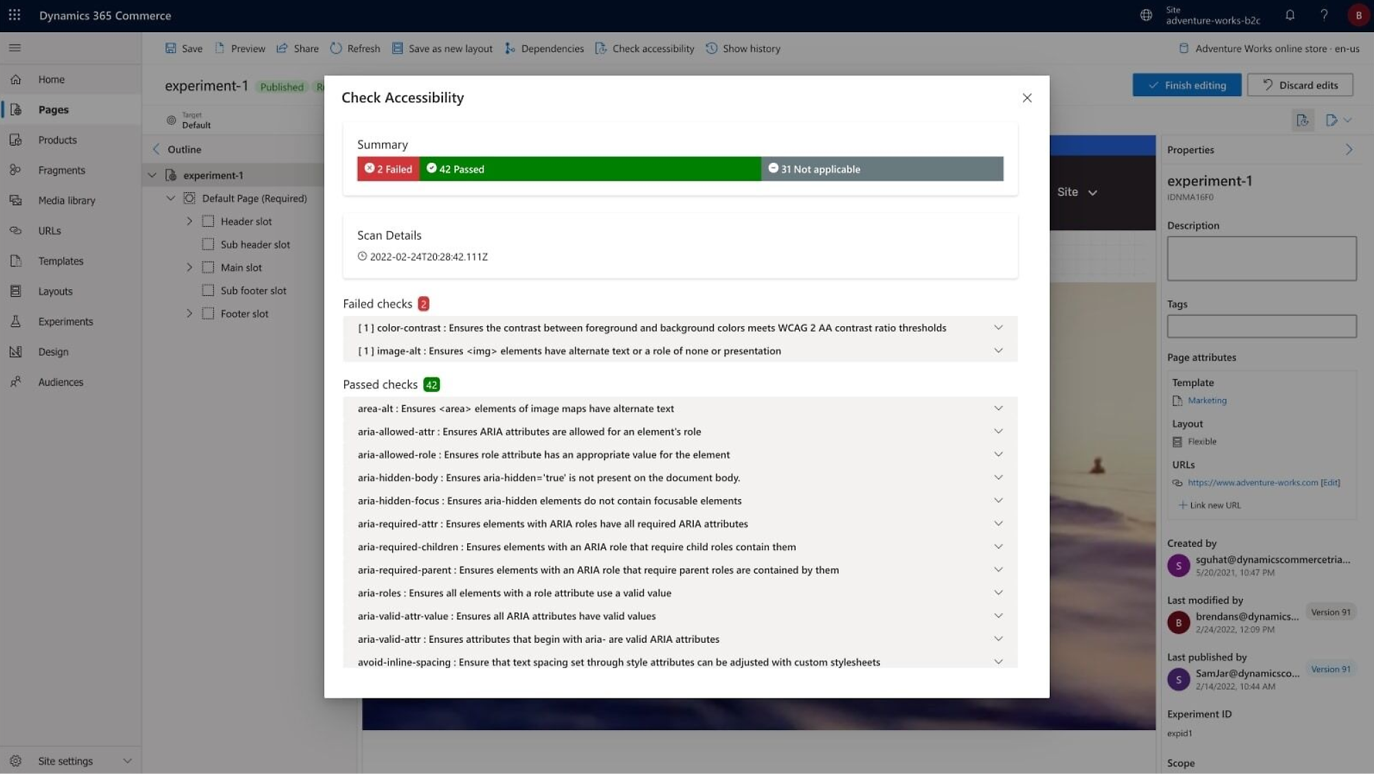 Dynamics 365 Commerce interface with various accessibility checks and experiment settings