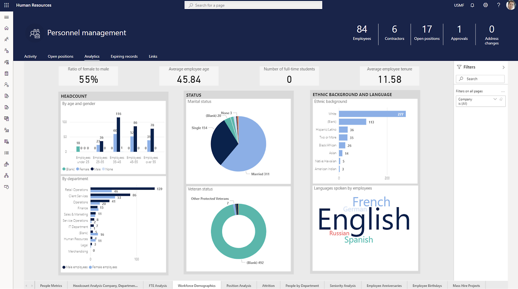Dashboard showing personnel management statistics, including headcount, average tenure, status distribution