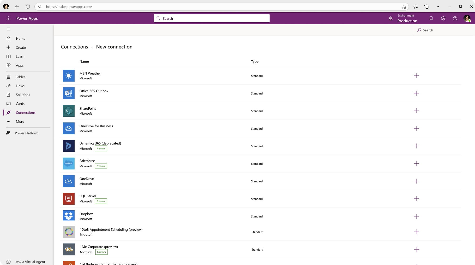 Screenshot of a digital interface displaying various app configurations in a production environment