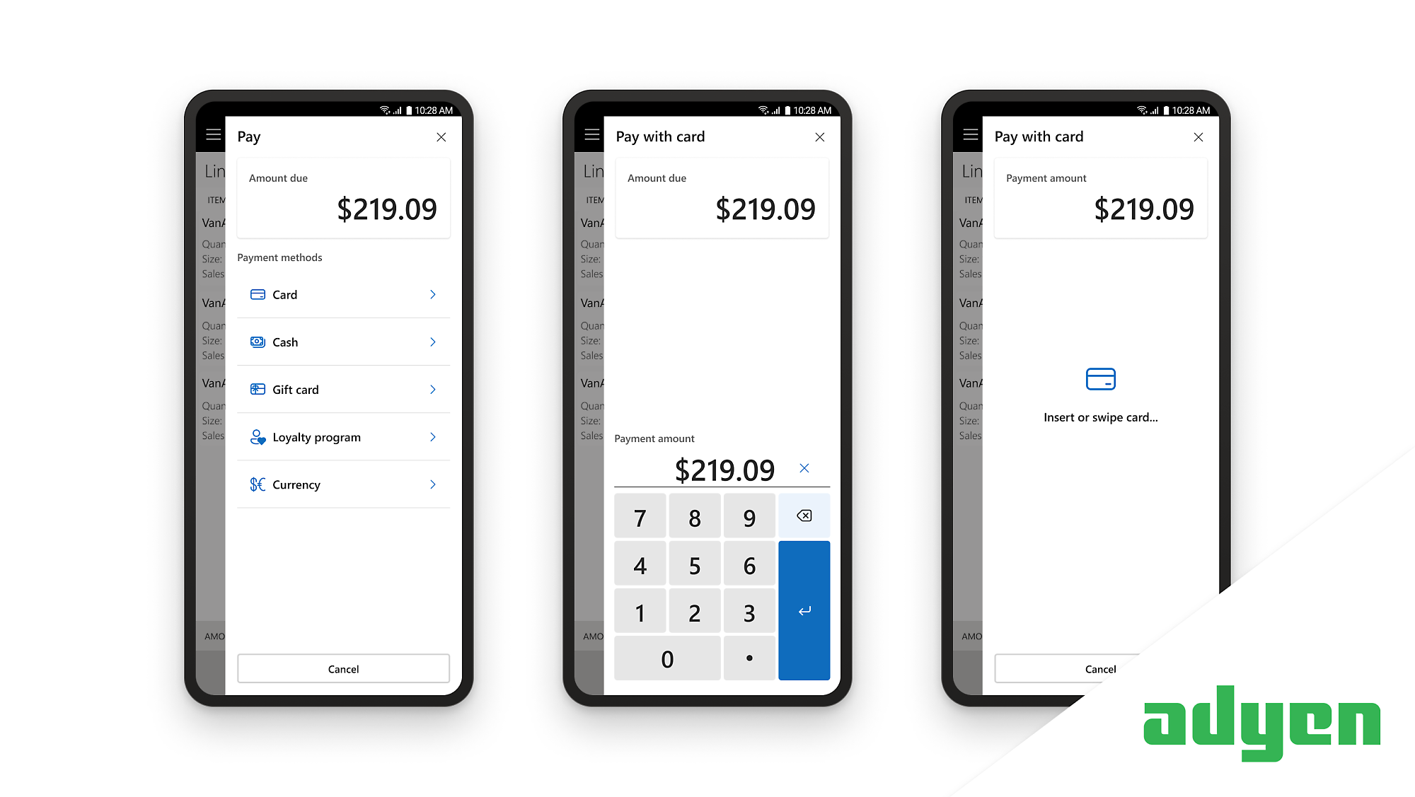 Point of Sale terminal screen displaying payment options and amount due: USD219.09.