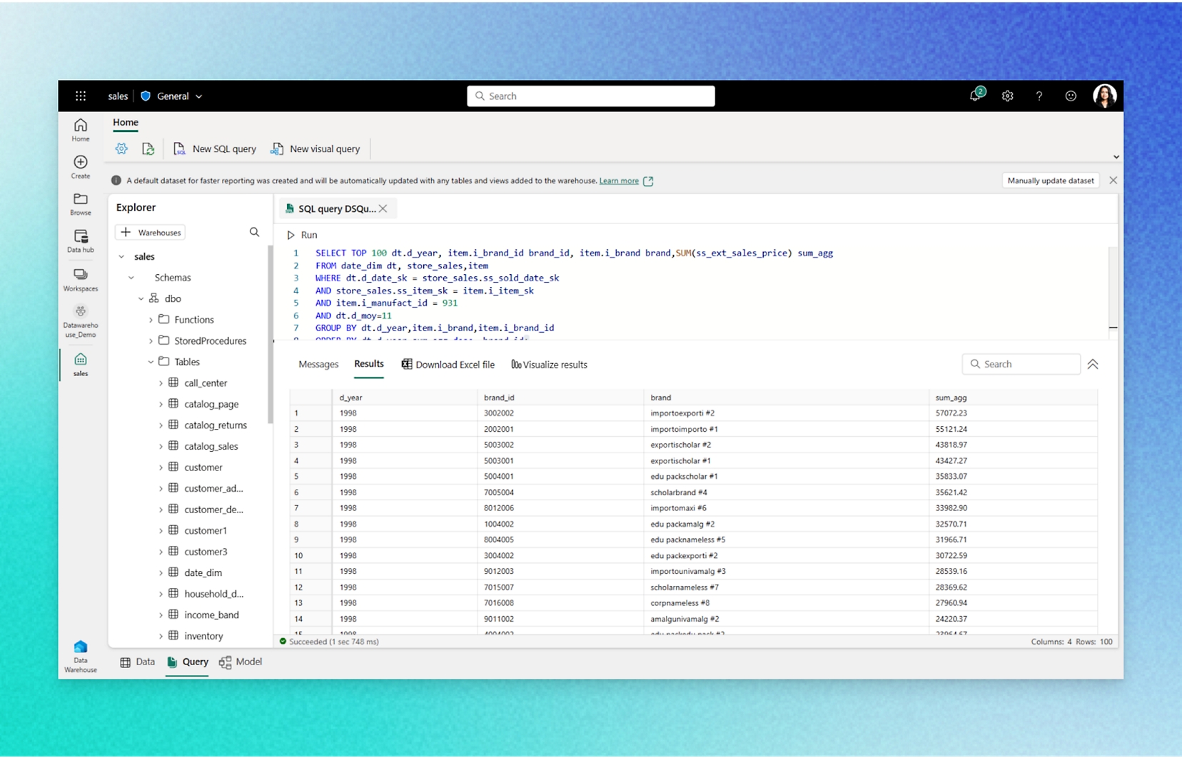 Interface van data warehousing met resultaten en visualisaties van een SQL-query, inclusief verkoopgegevens en opties voor query's