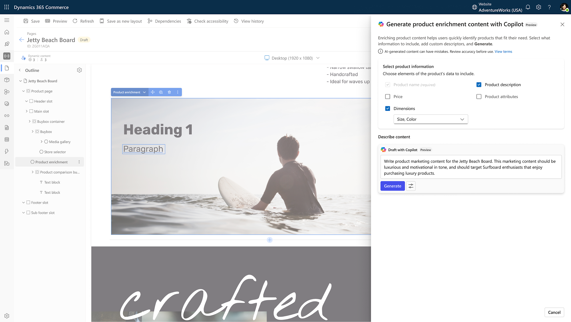 Captura de tela da interface do Dynamics 365 Commerce com opções para enriquecimento de produtos e geração de conteúdo de marketing para surfboards jetty Beach Board.