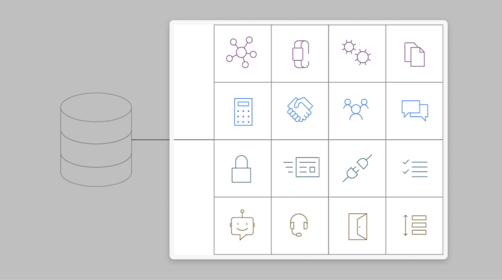 Grid of 16 icons representing various business and technology concepts, including networking, communication, security, and analytic