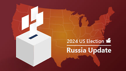 A white box with a blue and black stripe, a flag, and text reading 2024 US Election Russia Update.