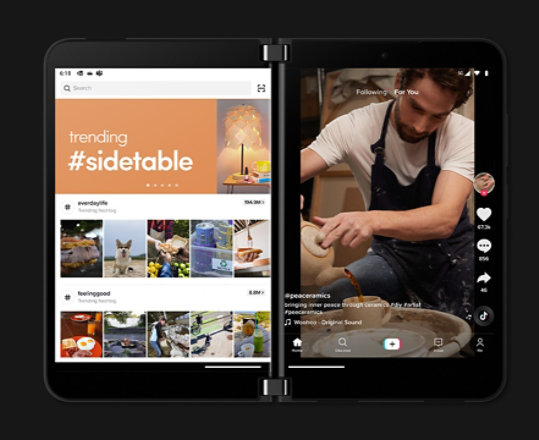 Surface Duo 2 opened displaying TikTok app on both screens.